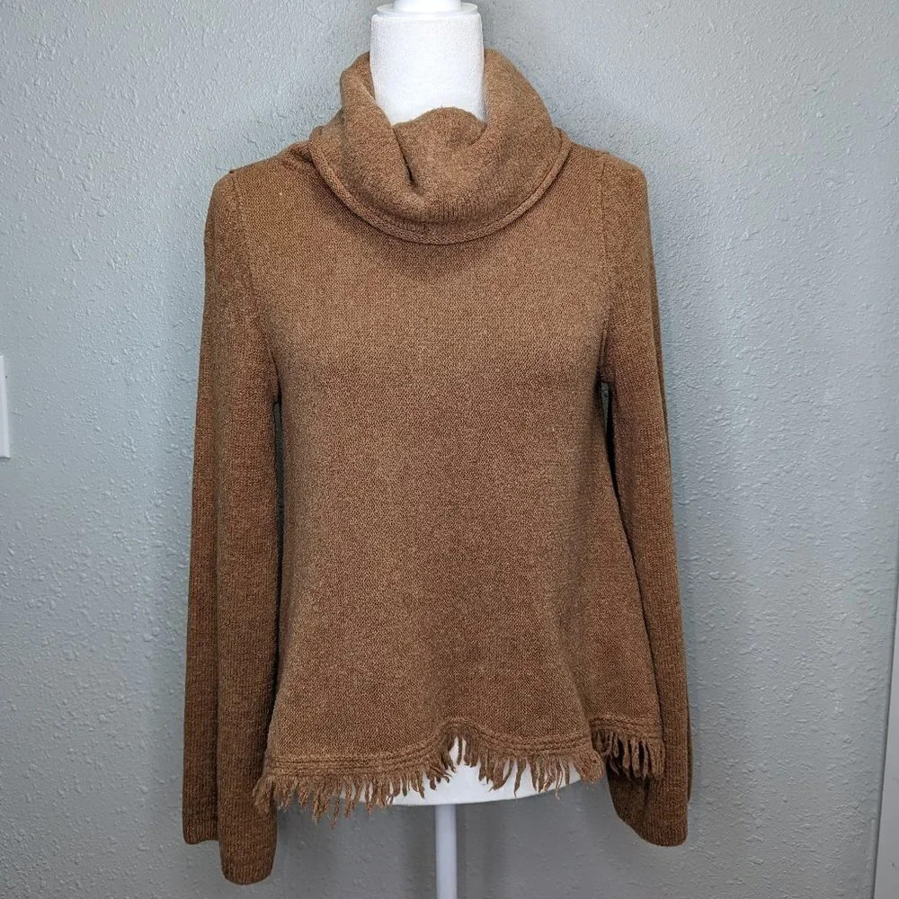 Anthropologie Akemi+Kin Aruna Fringe Cowl Neck Tan Sweater Size XS